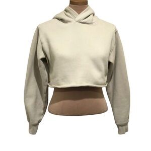Aritzia TNA Cropped Hooded Sweatshirt Size XXS Cream Fleece Lined Hoodie